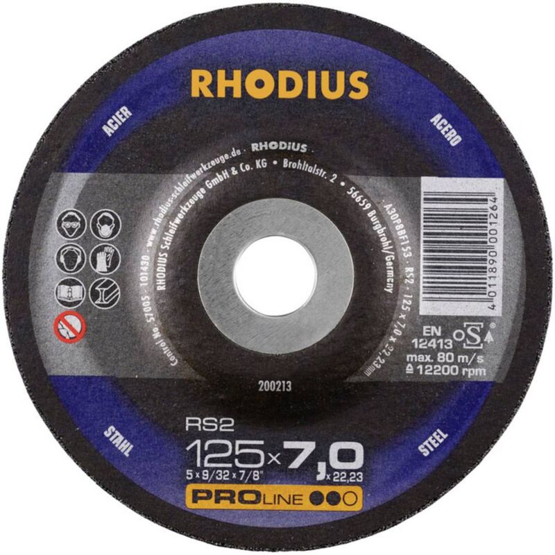 foto del prodotto rhodius 200253 rs2 disco di sgrossatura con centro depresso diametro 180 mm foro 22.23 mm acciaio 1 pz.