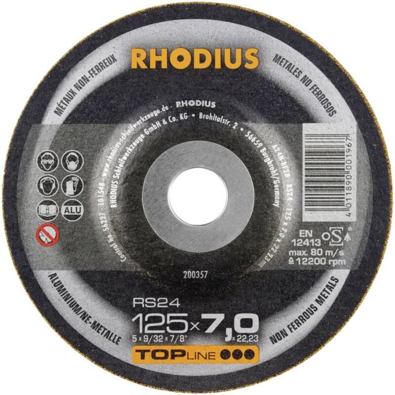foto del prodotto rhodius 200357 rs24 disco di sgrossatura con centro depresso diametro 125 mm foro 22.23 mm metalli non ferrosi 1 pz.