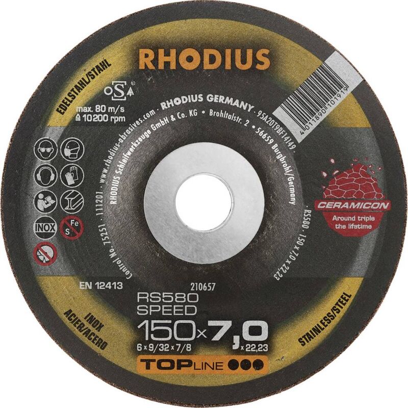foto del prodotto rhodius 210657 disco per sgrossatura diametro 150 mm foro 22.23 mm acciaio inox, acciaio, ghisa 1 pz.