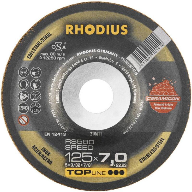 foto del prodotto rhodius 210659 rs580 speed disco di sgrossatura con centro depresso diametro 230 mm foro 22.23 mm acciaio inox, accia