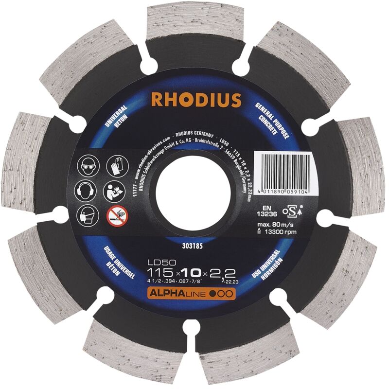 foto del prodotto rhodius disco da taglio diamantato alphaline ld50 115 x 10,0 x 2,2 x 22,23 mm