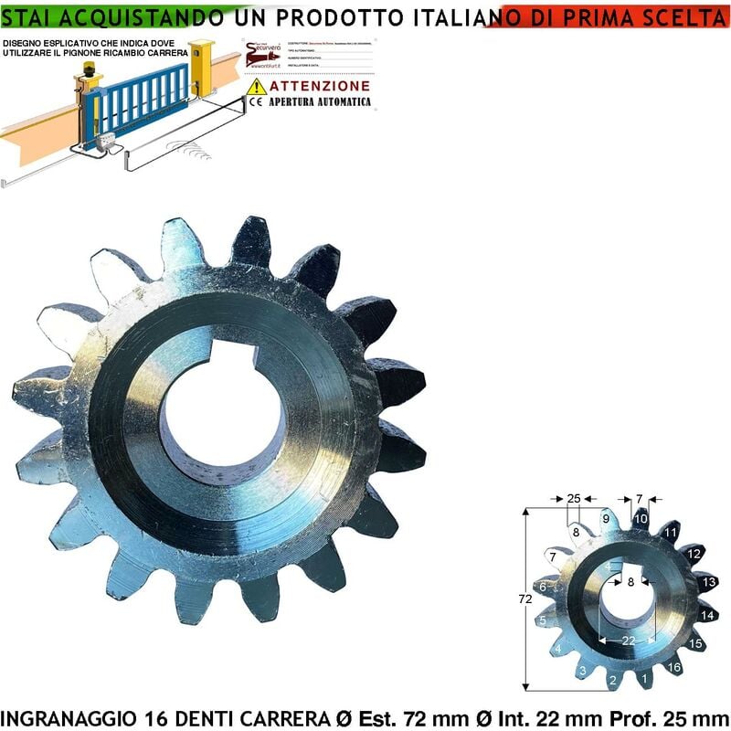 foto del prodotto ricambio motore carrera 113000 1 ingranaggio esterno 16 denti x cremagliera cancello scorrevole universale m4 in acciaio ex 72 mm foro 22 mm