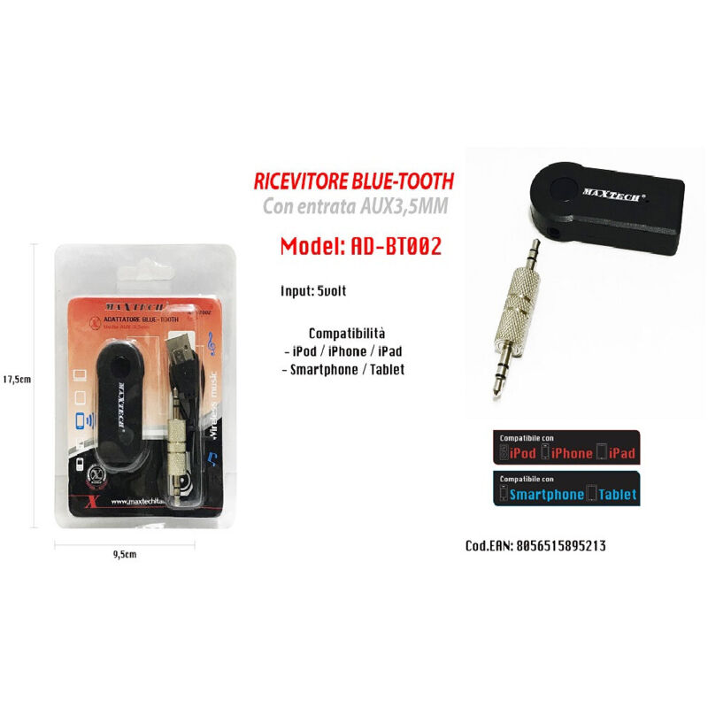 foto del prodotto ricevitore adattatore jack 3.5mm vivavoce bluetooth stereo audio ad-bt002 - - maxtech