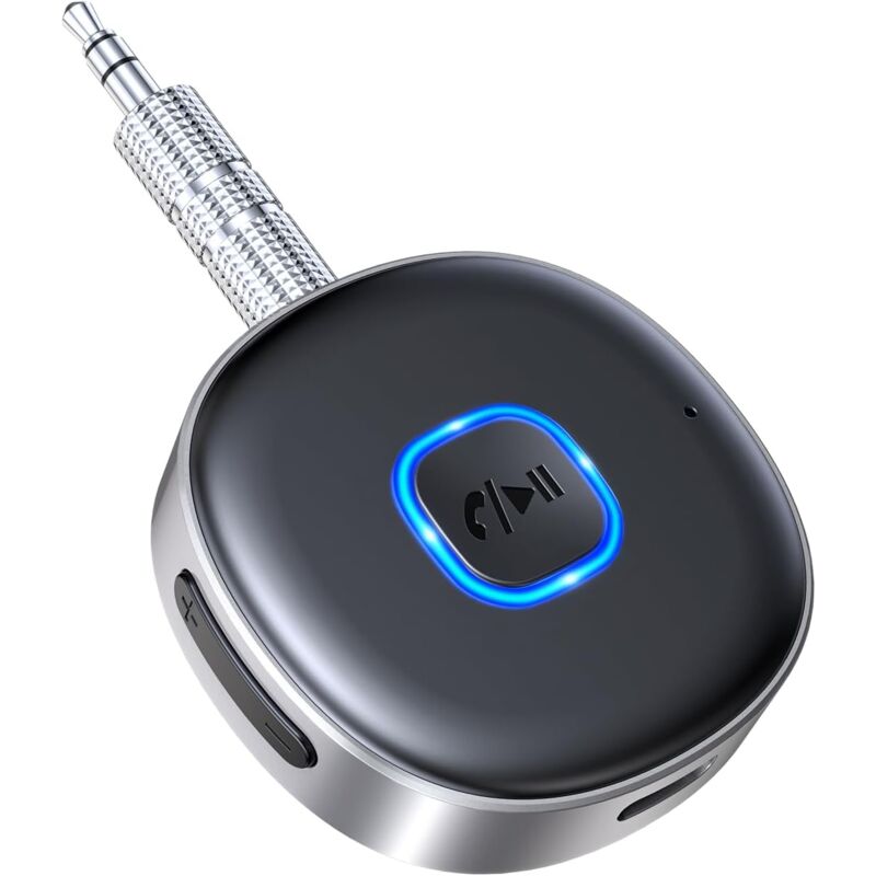 foto del prodotto ricevitore bluetooth 5.3 per auto, adattatore jack aux da 3,5 mm, chiamate in vivavoce e doppia connessione, durata della batteria di 16 ore,