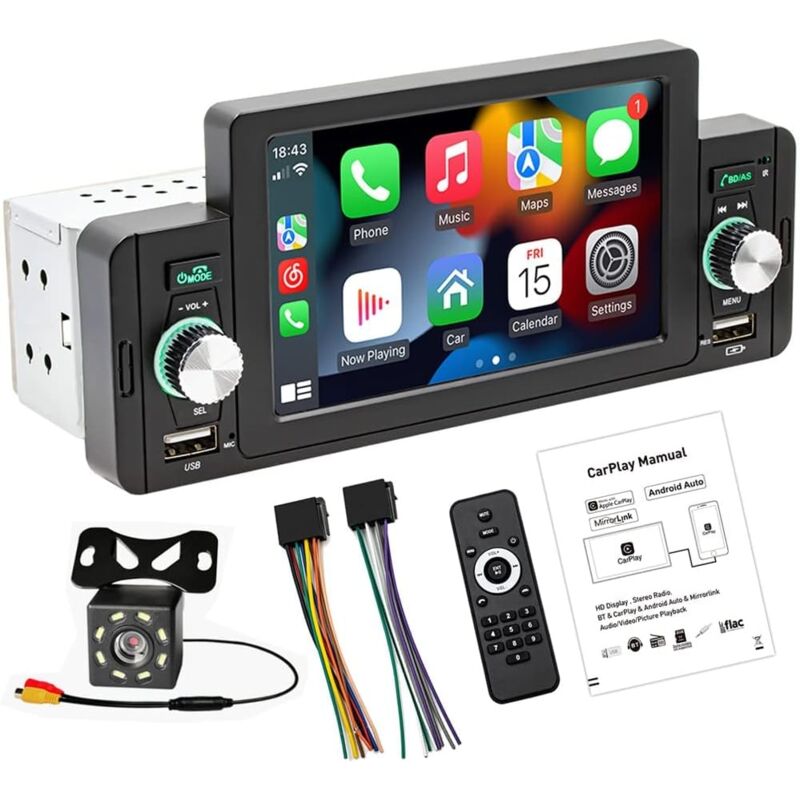 foto del prodotto ricevitore multimediale stereo per auto autoradio touch screen da 5 pollici, supporto chiamate in vivavoce bluetooth fm swc usb aux mirror link + 8