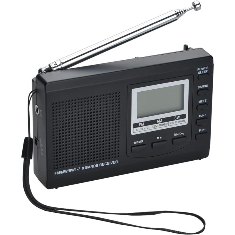 foto del prodotto ricevitore radio portatile am fm sw1 7 a 9 bande con altoparlante e cuffie, eccellente ricezione radio digitale con visualizzazione dell ora 12 24