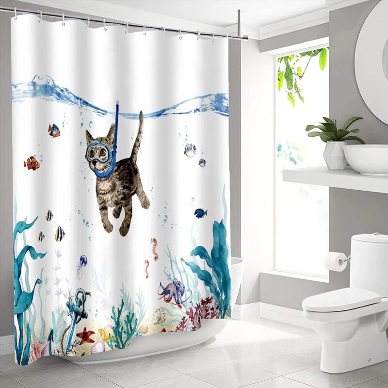 foto del prodotto rideau de douche mignon chat plongeant, imprim imperm able rideau salle de bain lavable anti tissu avec crochets 90x180cm