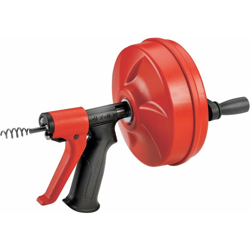 foto del prodotto ridgid 57043 power spin con autofeed, cavo sturatubi maxcore e trivella sturatubi a bulbo per rimuovere i blocchi dello scarico rosso nero