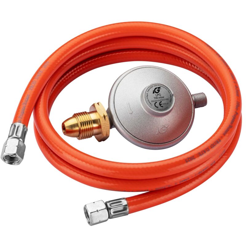 foto del prodotto riduttore di pressione 700 mbar uk, con tubo, regolatore gas per cannoni aria calda, stufe, essiccatori edili wiltec