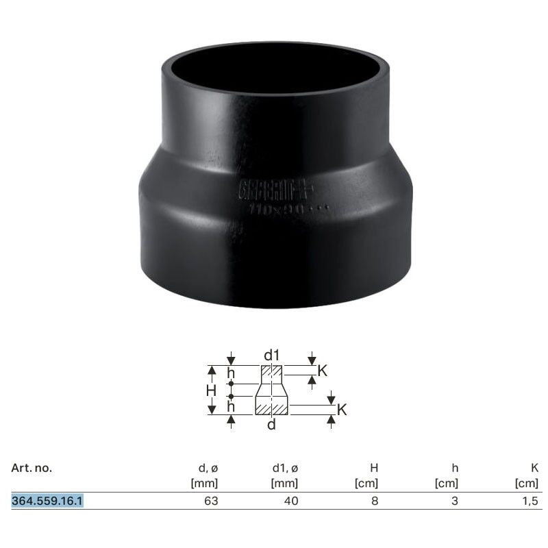 foto del prodotto riduzione geberit pe concentrica, corta 63x40 mm 364.559.16.1