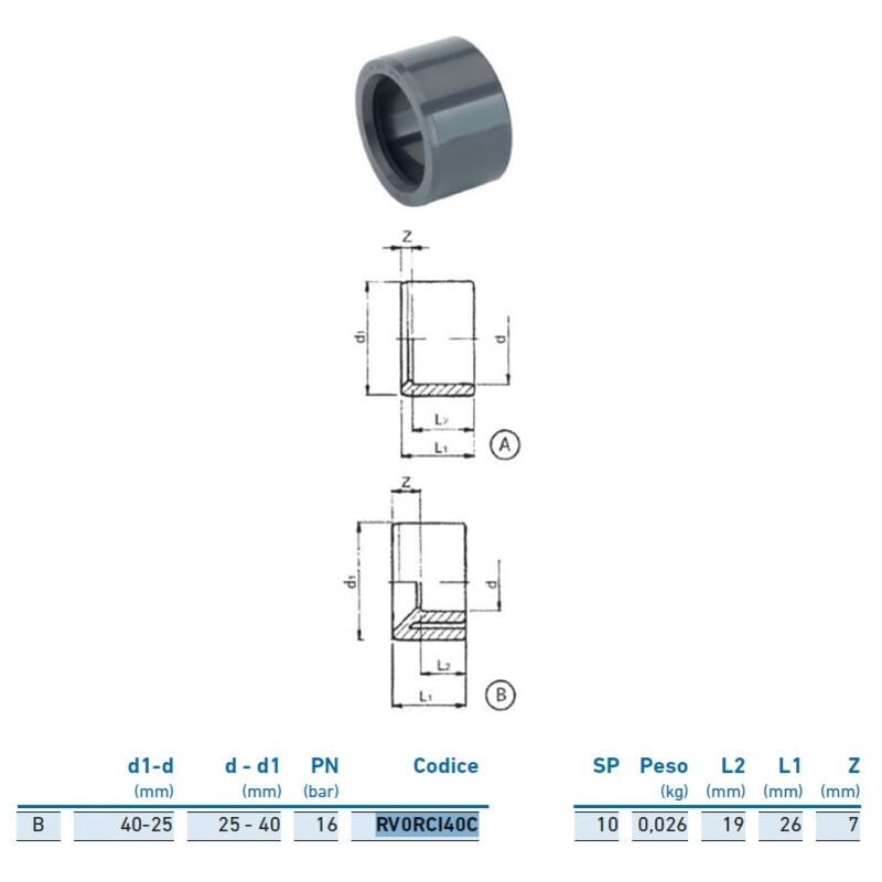 foto del prodotto riduzione m f corta pvc-u metrico 40x25 inpfrc140c00 - - irritec - -