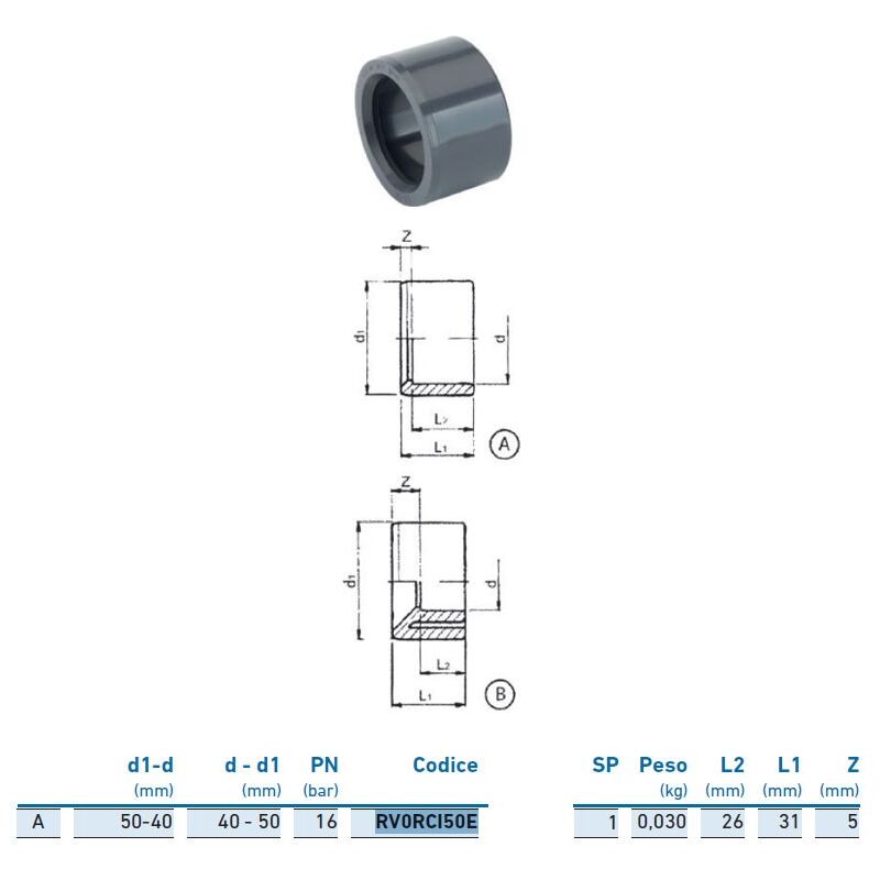 foto del prodotto riduzione m f corta pvc u metrico 50x40 inpfrc150e00 irritec 