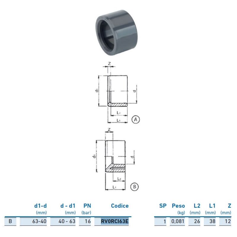 foto del prodotto riduzione m f corta pvc-u metrico 63x40 inpfrc163e00 - - irritec - -