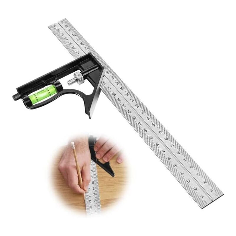 foto del prodotto righello angolare combinato da 300 mm squadra combinata in acciaio inossidabile squadra combinata con livella a bolla righello pratico per la