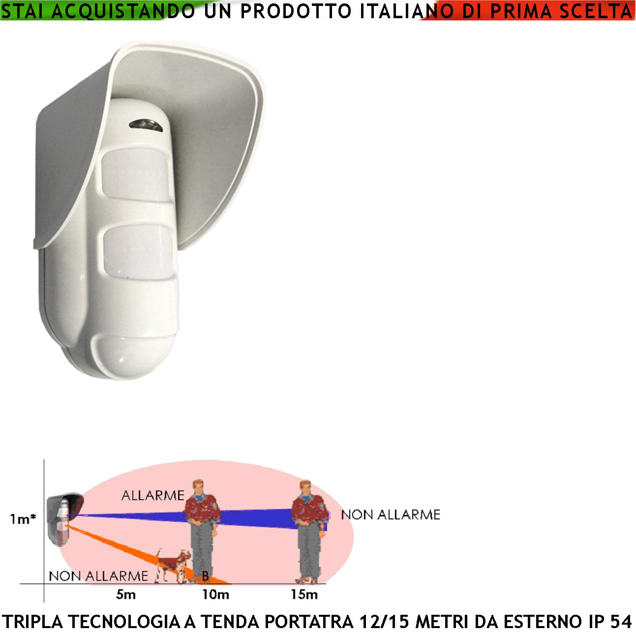 foto del prodotto rileva intrusi allarme tripla tecnologia da esterno portata 15 metri grandangolo oppure a tenda regolabile alimentazione 12 v via filo con snodo orientab sensori 2 pir 1 microonda and on