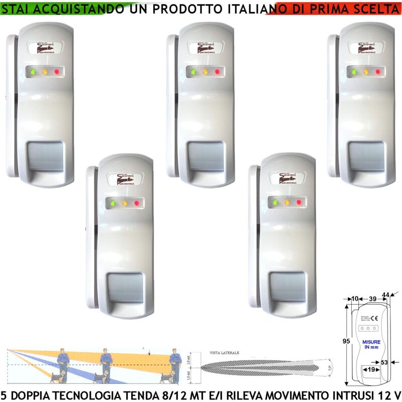 foto del prodotto rileva movimento cinque doppia tecnologia tenda dual pir e micronda portata 8 12 mt sensore esterno interno rilevano intrusi e invia allarme alimen.