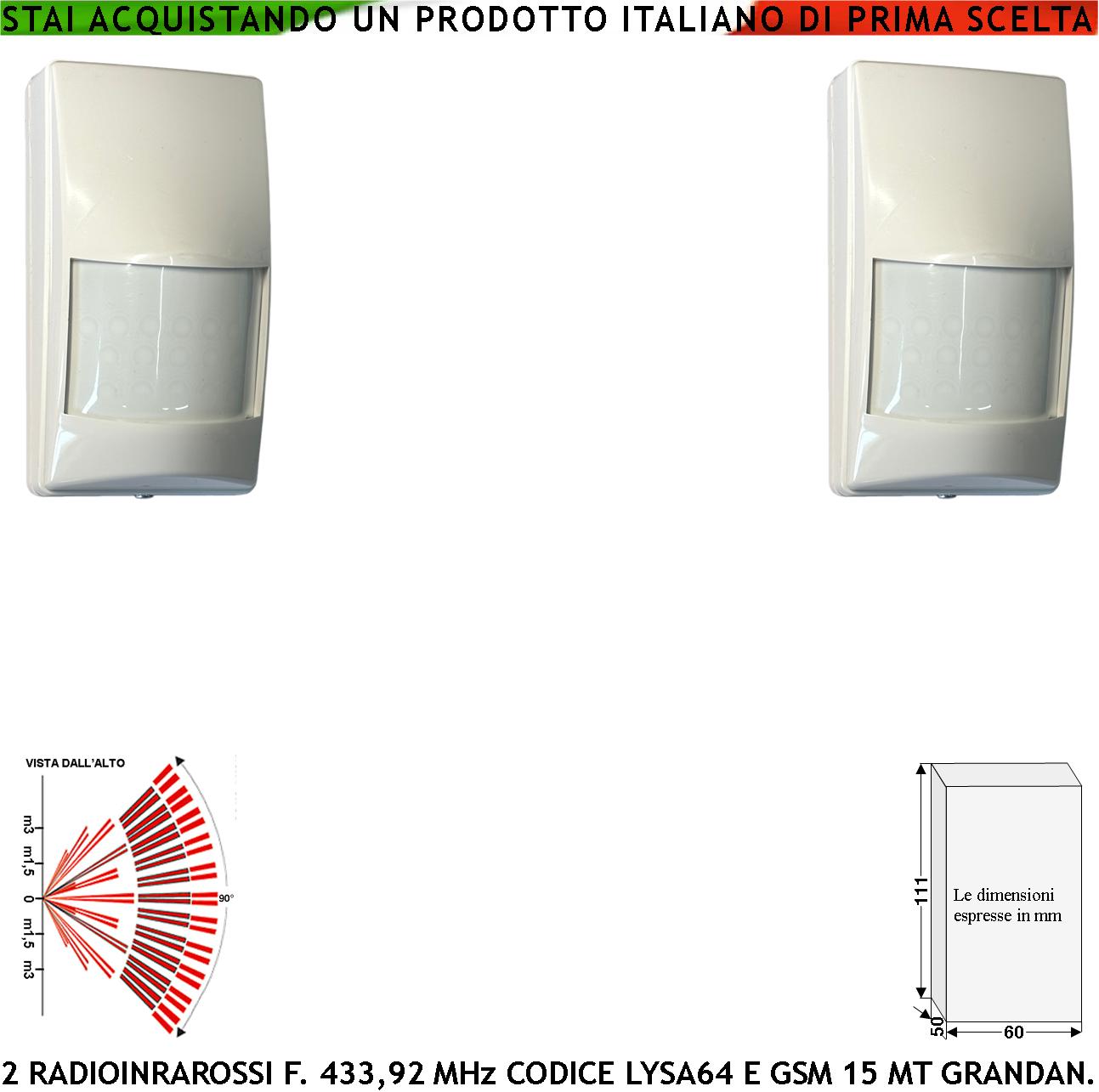 foto del prodotto rileva movimento intrusi doppio sensore infrarosso via radio 433,92 mhz 2 pezzi anti-jamming allarme portata 15 metri grand. walk test pir 40vr codice secur-sydra gsm da interno 17 fasci su 3 livelli