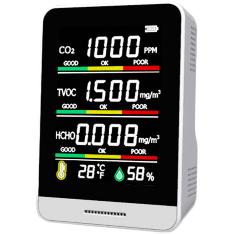 foto del prodotto rilevatore di co2 tvoc hcho strumento di rilevamento dell umidit della temperatura rilevamento rapido monitor della qualit dell aria 5 in 1, bianco