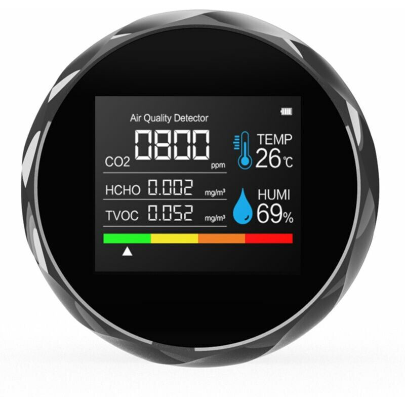 foto del prodotto rilevatore di gas co2 multifunzionale, incluso analizzatore dell aria a batteria co2 tvoc hcho temperatura umidit per casa e ufficio, 5 in 1, nero