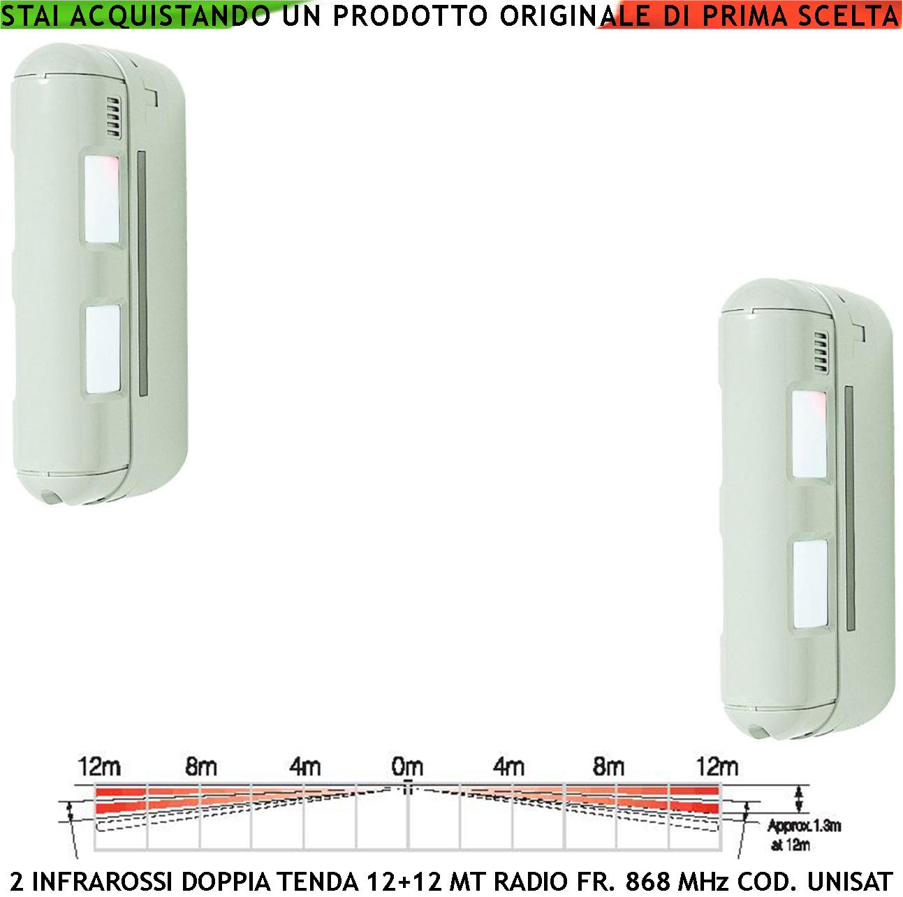 foto del prodotto rilevatore di movimento 2 pezzi doppio sensore infrarosso a tenda da esterno 12 12 metri lineari ip55 frequenza 868 mhz bidirezionale codice unisat protezione ponteggi pareti porticati anti jamming