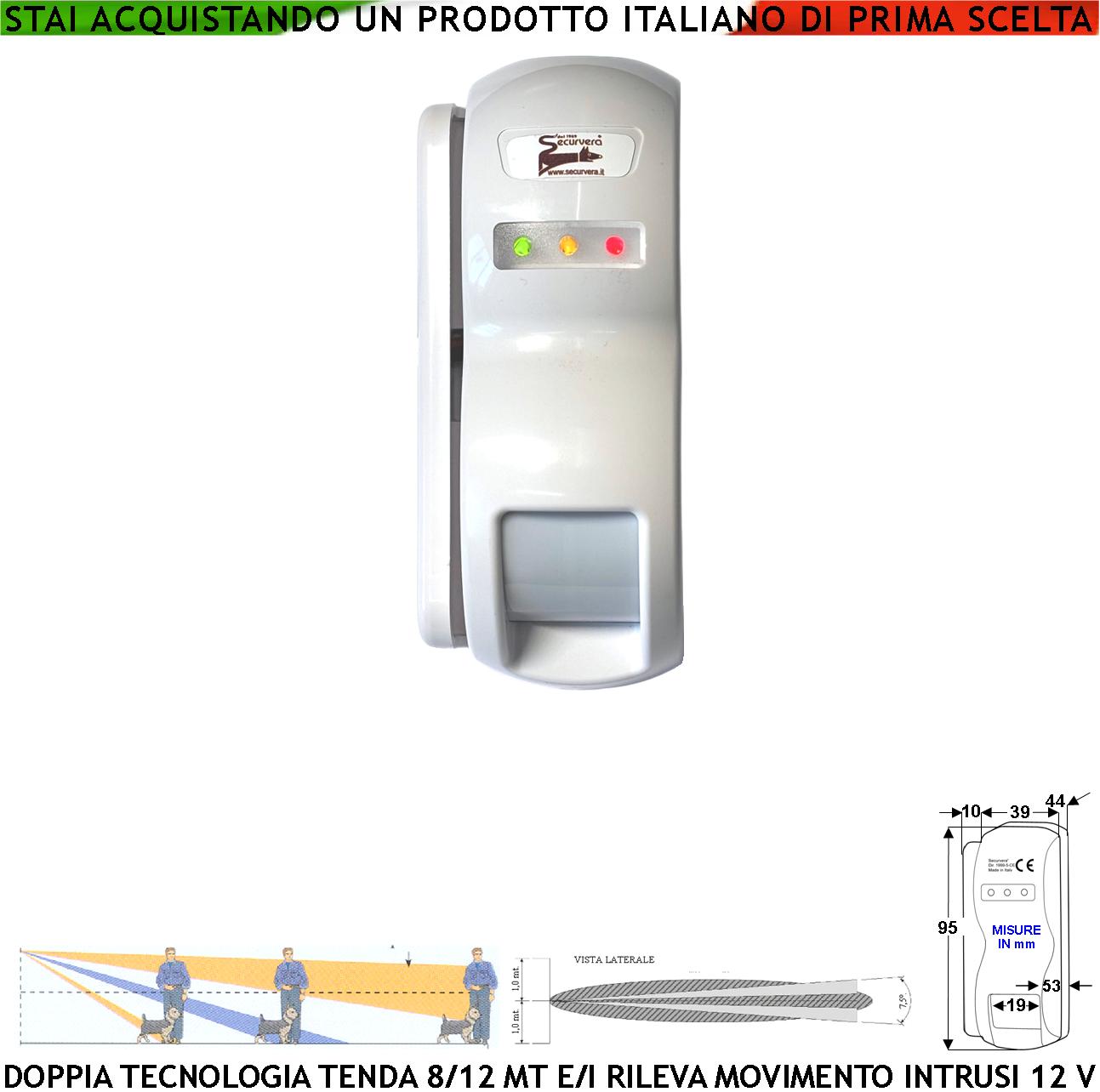 foto del prodotto rilevatore di movimento doppia tecnologia tenda dual pir e micronda portata 8/12 mt esterno interno per balcone rileva intrusi invia allarme alimen. 12 v assorb. 10 ma cover staffa abs bianca ip31