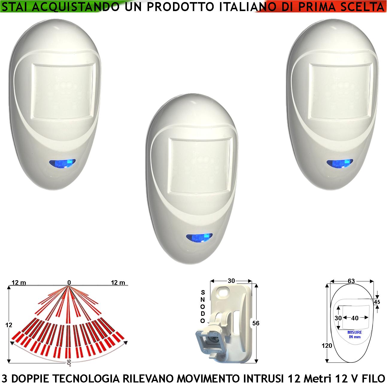 foto del prodotto rilevatore di movimento intrusi 3 doppia tecnologia grandangolo per allarme portata 12 mt da interno alim. 12 v assorb. 40 ma infrarosso lente 18 fasci su 4 piani ers contenitore bianco snodo abs