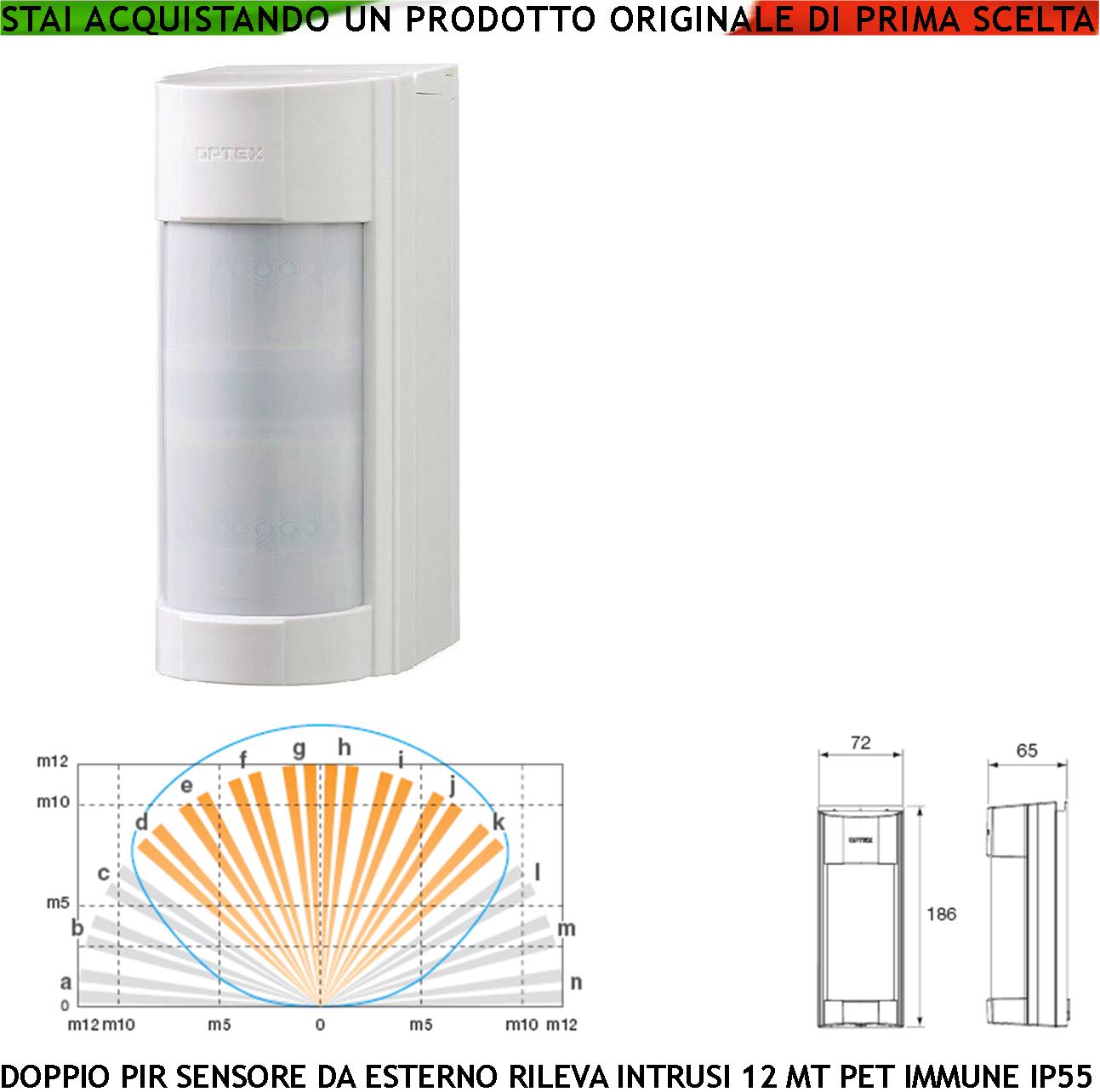 foto del prodotto rilevatore di movimento per allarme infrarosso dual pir vxi esterno grandangolo con filtri a tenda portata 12 mt regolabile via filo relè protezione contro intrusi aliment. 12 v assorb. 20 ma abs ip55