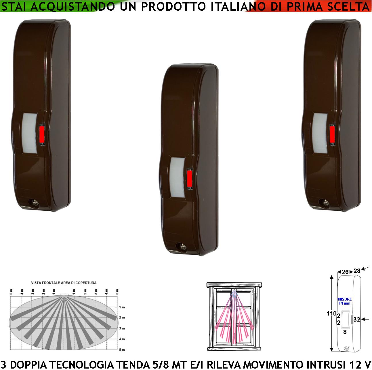 foto del prodotto rilevatore di movimento tre doppia tecnologia a tenda marrone infrarosso e microonda portata 5 mt vano finestra interno balcone rileva intrusi invia allarme aliment. 12 v assor. 10 ma cover abs ip44