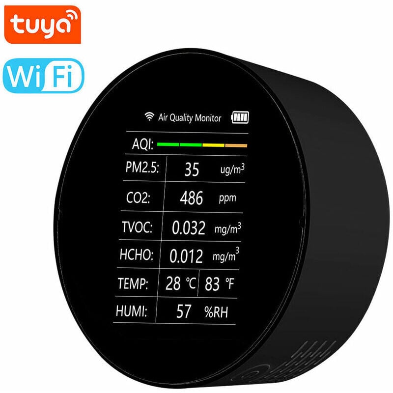 foto del prodotto rilevatore di qualità dell'aria tuya wifi multifunzione 7 in 1 pm2.5 tvoc co2 hcho temperatura umidità aqi rilevatore casa ufficio auto monitor della