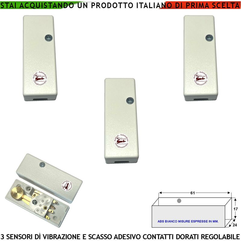 foto del prodotto rilevatore di scasso sensore di vibrazioni continue tre pezzi antifurto via filo per inferriate porte martelletto oscillante regolabile contatto allarme nc tamper contenitore adesivo abs bianco ip30