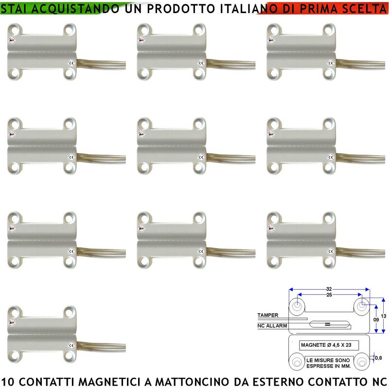 foto del prodotto rilevatore magnetico da esterno 10 pezzi per antifurto porte infissi contatto reed nc ampolla sottovuoto sensibilità magnetica 13 mm tensione max 100 v carico resistivo 1 a ip65 4 fili 2 nc e 2 tamper