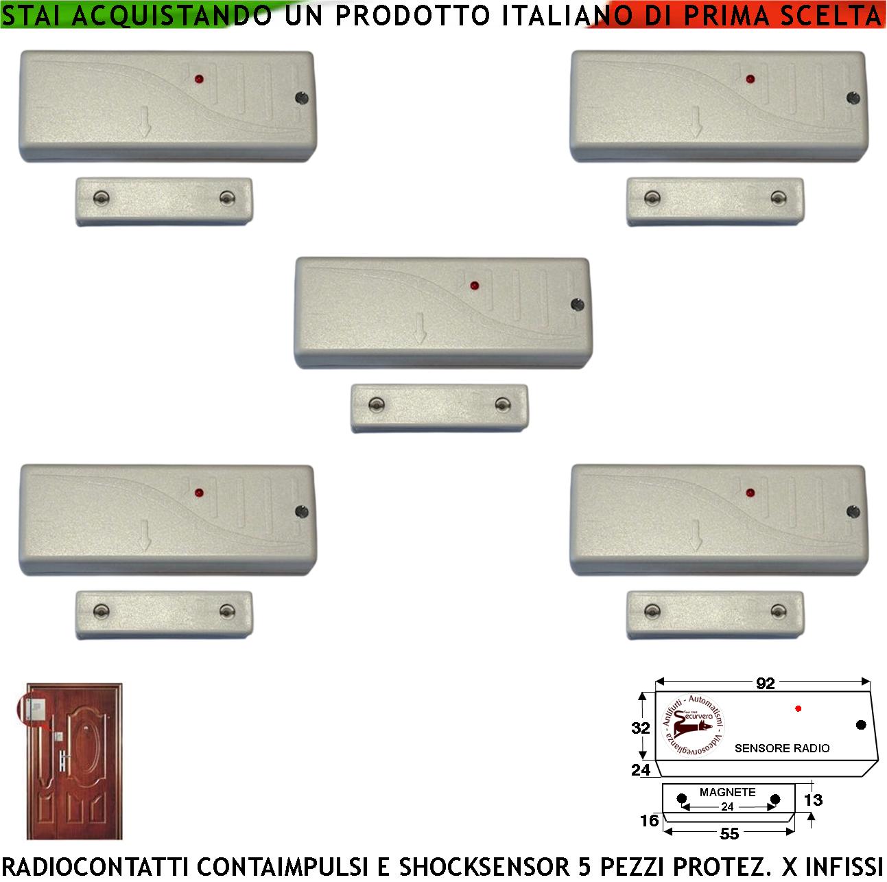 foto del prodotto rilevatore magnetico wireless fr. 433,92 mhz sismico regolabile cinque pezzi bianchi con ingresso sensori antifurto remoti contaimpulsi x sintap codice securlysa anticollisione rileva trapano e scasso
