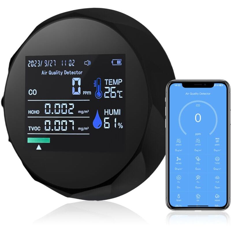 foto del prodotto rilevatore portatile di monossido di carbonio , per il monitoraggio della qualità dell'aria 5 in 1 da viaggio, connessione bt app, sensore di allarme