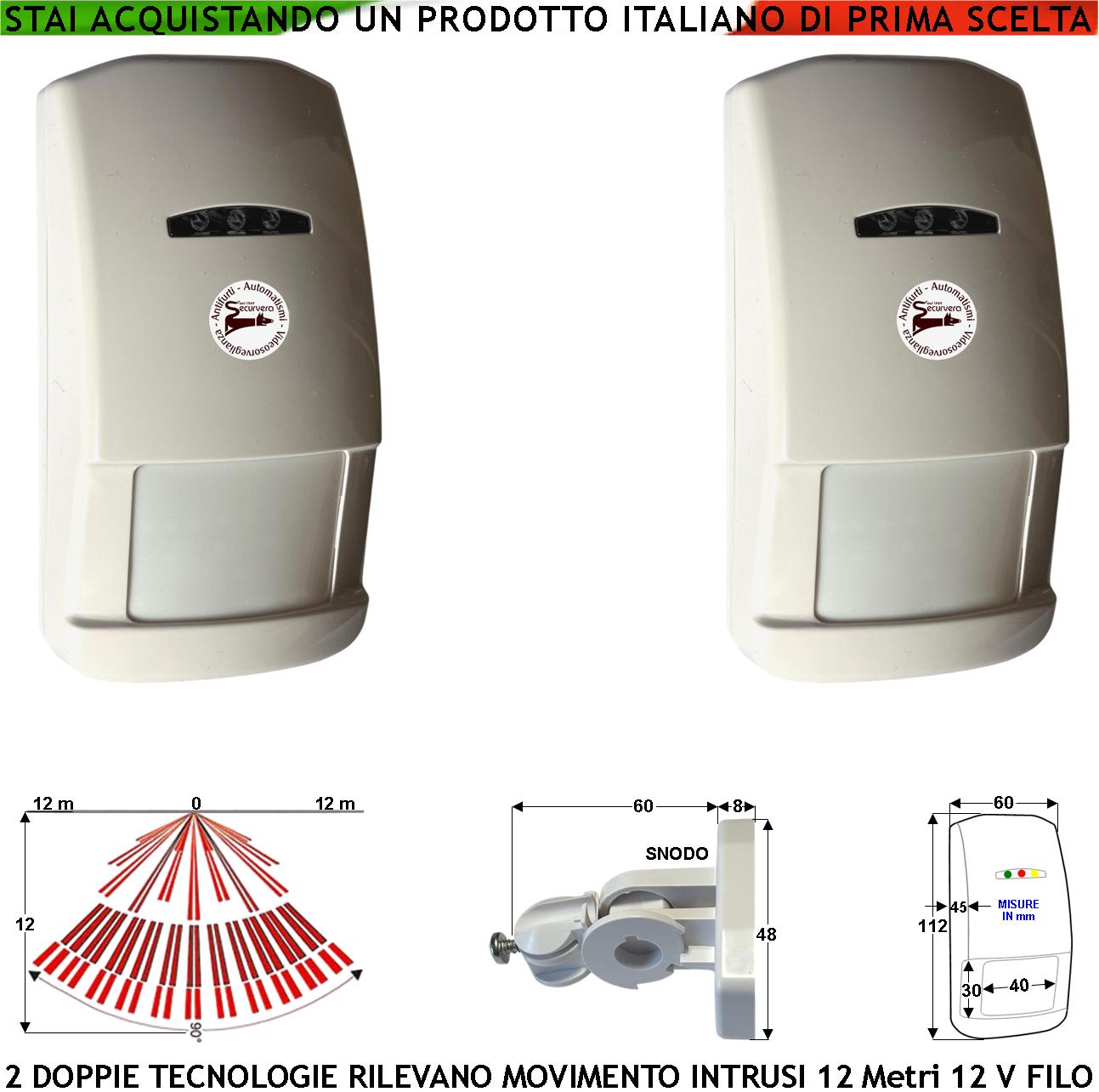 foto del prodotto rilevatori movimento 2 doppia tecnologia grandangolo per antifurto portata 12 mt da interno rileva intrusi aliment. 12 v assorb. 40 ma infrarosso lente 25 fasci su 4 piani contenitore bianco snodo abs