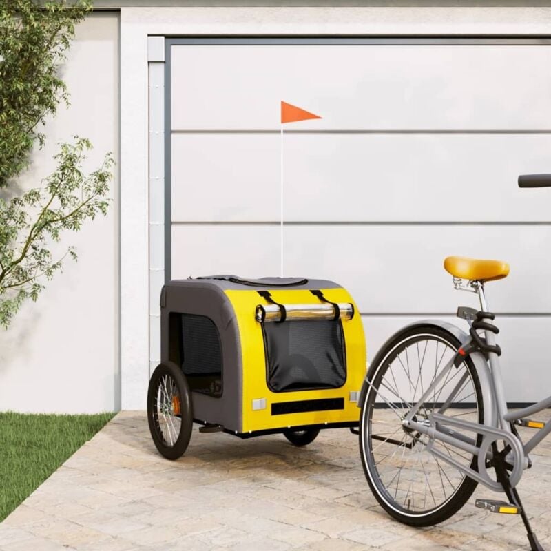 foto del prodotto rimorchio da bici per cani giallo e grigio oxford e ferro