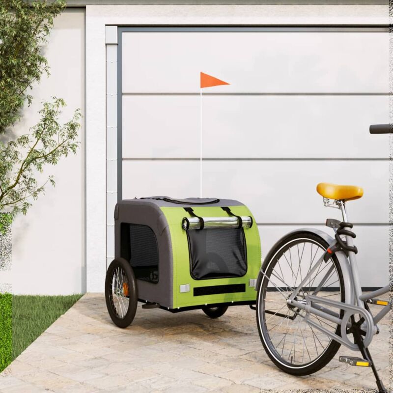 foto del prodotto rimorchio da bici per cani verde e grigio oxford e ferro