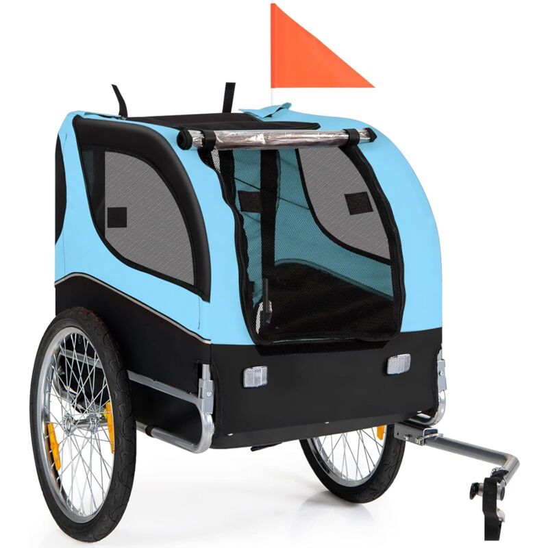 foto del prodotto rimorchio per cani, carrello per cani in rete traspirante con 3 ingressi, bandiera di sicurezza, catarifrangenti, aggancio universale per biciclette,