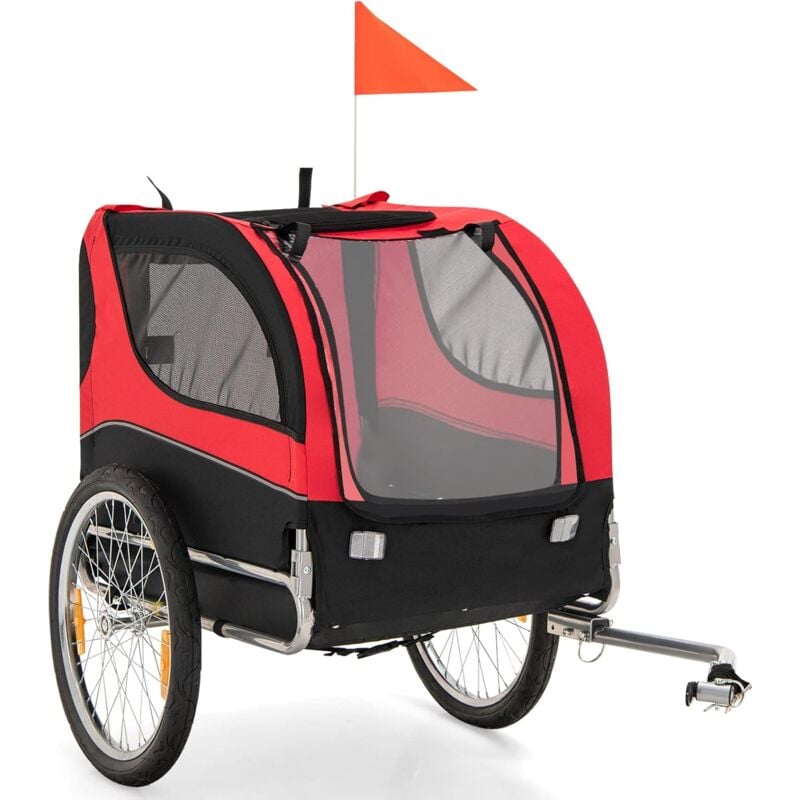 foto del prodotto rimorchio per cani, carrello per cani in rete traspirante con 3 ingressi, bandiera di sicurezza, catarifrangenti, aggancio universale per biciclette,
