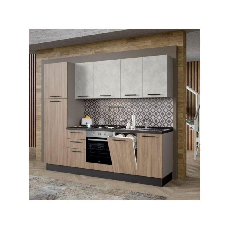 foto del prodotto rinaldi cucina licola 255x216h reversibile colore noce chiaro e pensili spatolato con lavastoviglie