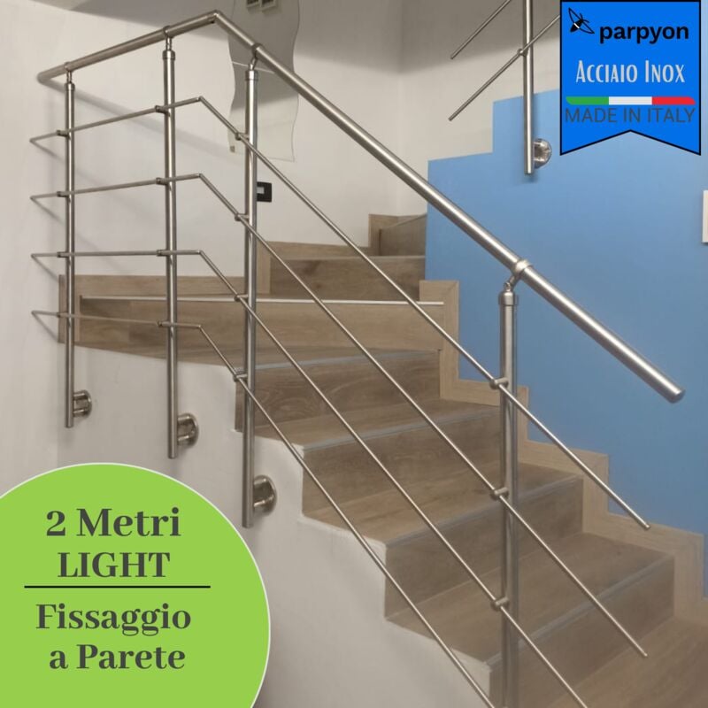 foto del prodotto ringhiera scala in acciaio inox 2 mt fissaggio a parete 2m light scala h 118cm