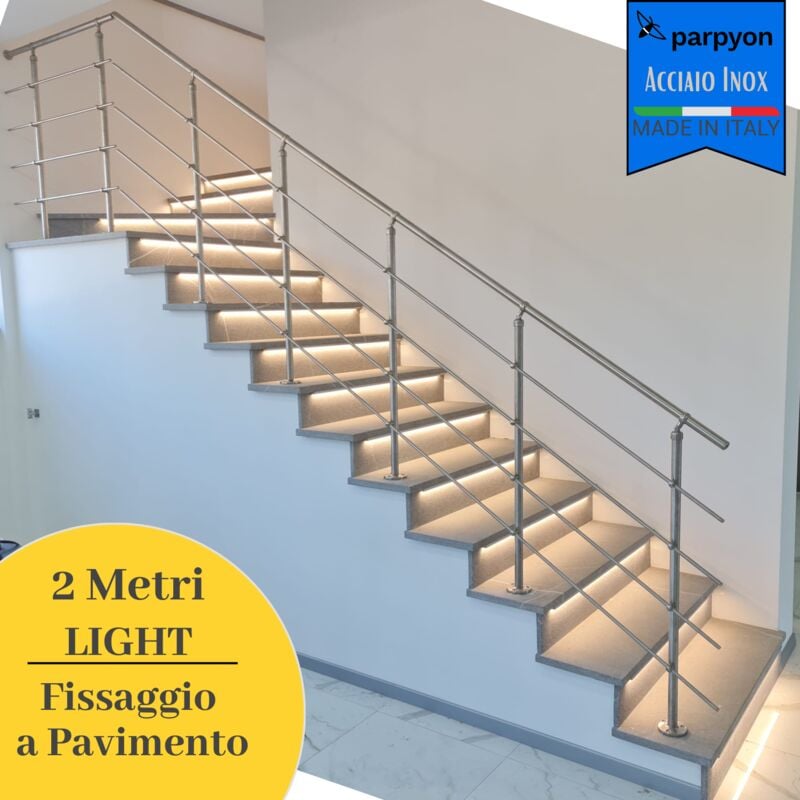 foto del prodotto ringhiera scala in acciaio inox 2 mt fissaggio a pavimento 2m light piano h 92cm