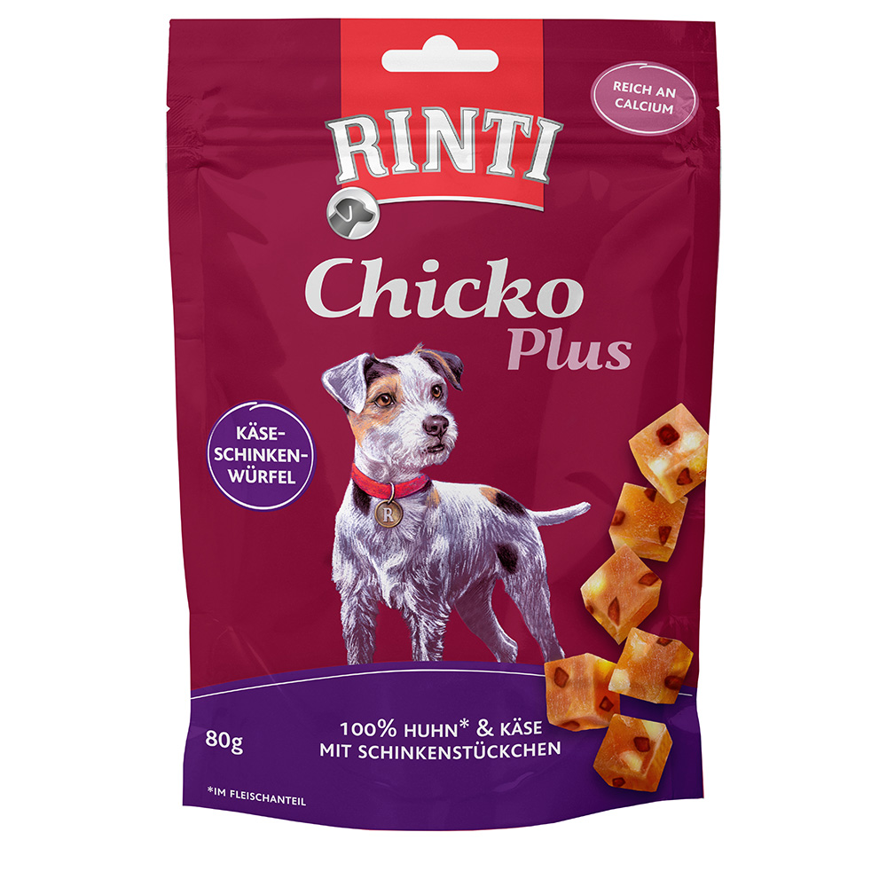 foto del prodotto rinti chicko plus cubetti di formaggio prosciutto snack per cani 80 g
