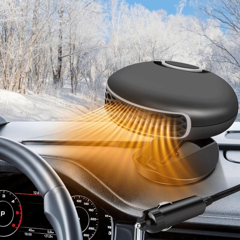 foto del prodotto riscaldatore per auto 12v 150w, riscaldatore portatile per auto 2 in 1 con presa accendisigari, ventilatore per auto con base girevole a 360 