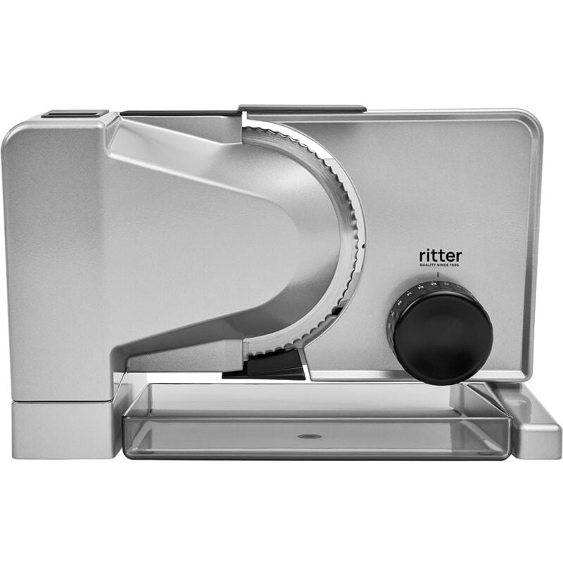 foto del prodotto ritter 553.045 serano 5, affettatrice elettrica con motore in corrente continua, made in germany, 130 w, metallo massiccio, argento metallico