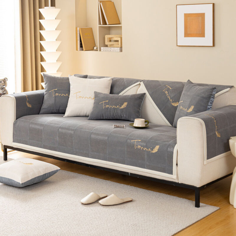 foto del prodotto rivestimento per divano, copridivano con base antiscivolo, universale, resistente e strutturato, per soggiorno, cuscino in peluche cort grigio
