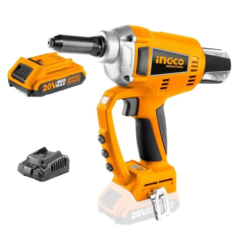 foto del prodotto rivettatrice 20v brushless ingco batteria 2.0ah, caricatore e kit 100 rivetti