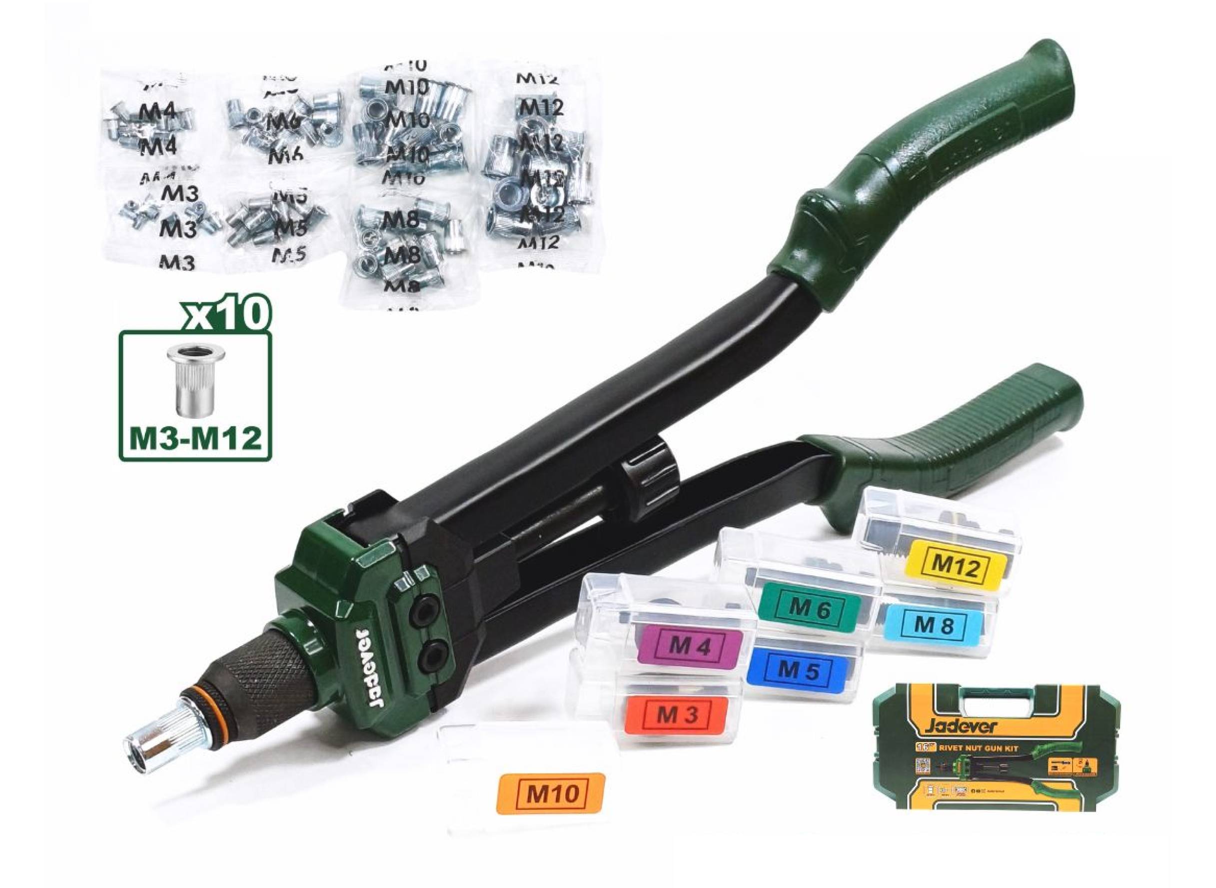 foto del prodotto rivettatrice manuale professionale da 16 per inserti filettati m3 - m12, con valigetta, pinza rivettatrice per inserti