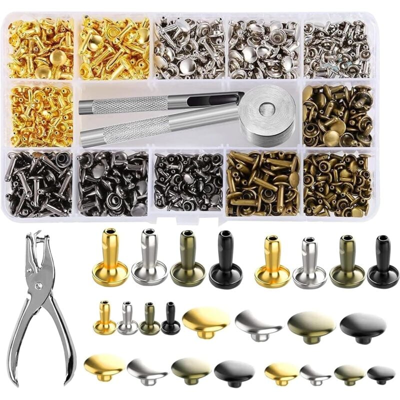 foto del prodotto rivetti in pelle 480 set rivetti doppi borchie metalliche tubolari rivetti di ricambio riparazioni decorazione con 3 pezzi strumento di fissaggio e