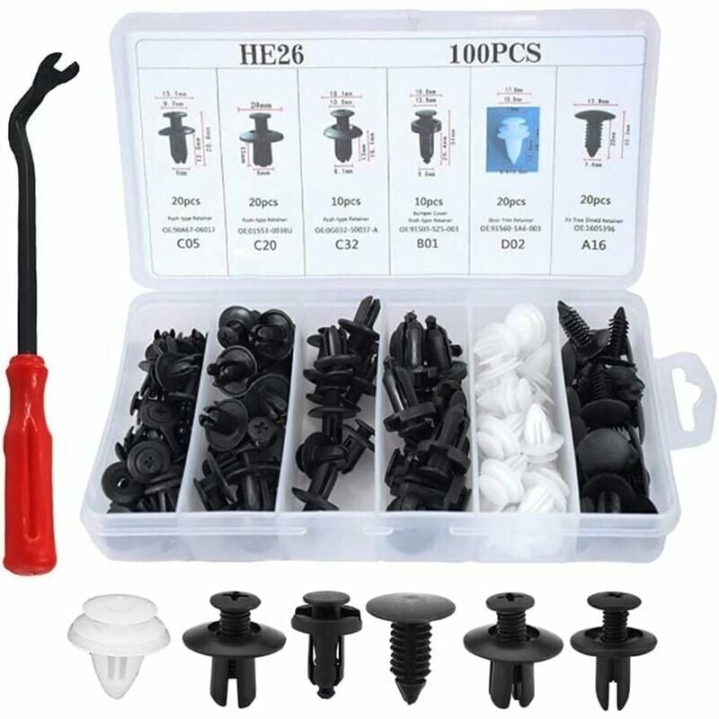 foto del prodotto rivetti in plastica, 100 pezzi, clip in plastica per auto, clip per finiture carrozzeria peugeot con strumento di rimozione, clip universali per auto