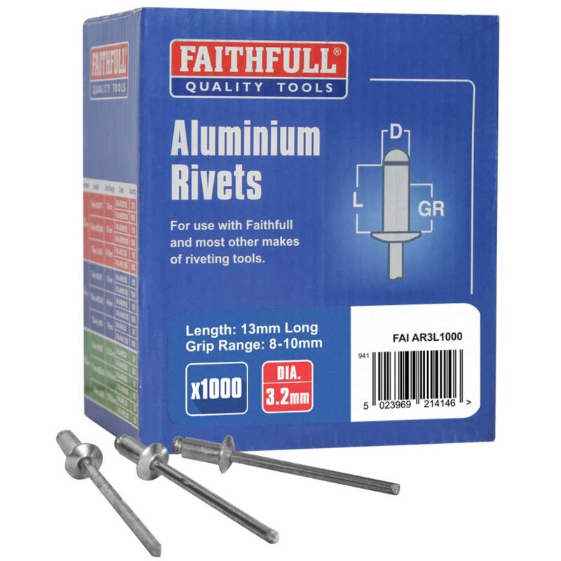 foto del prodotto rivetti lunghi in alluminio, 3 mm, confezione da 1.000 faithfull